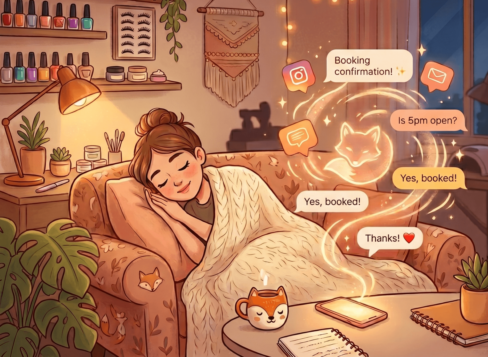 Beauty professional sleeping in a cozy salon while AI replies to Instagram DMs and confirms bookings