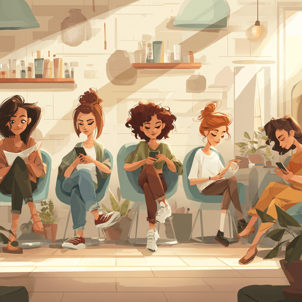 Diverse group of beauty studio clients waiting with phones in a warm salon