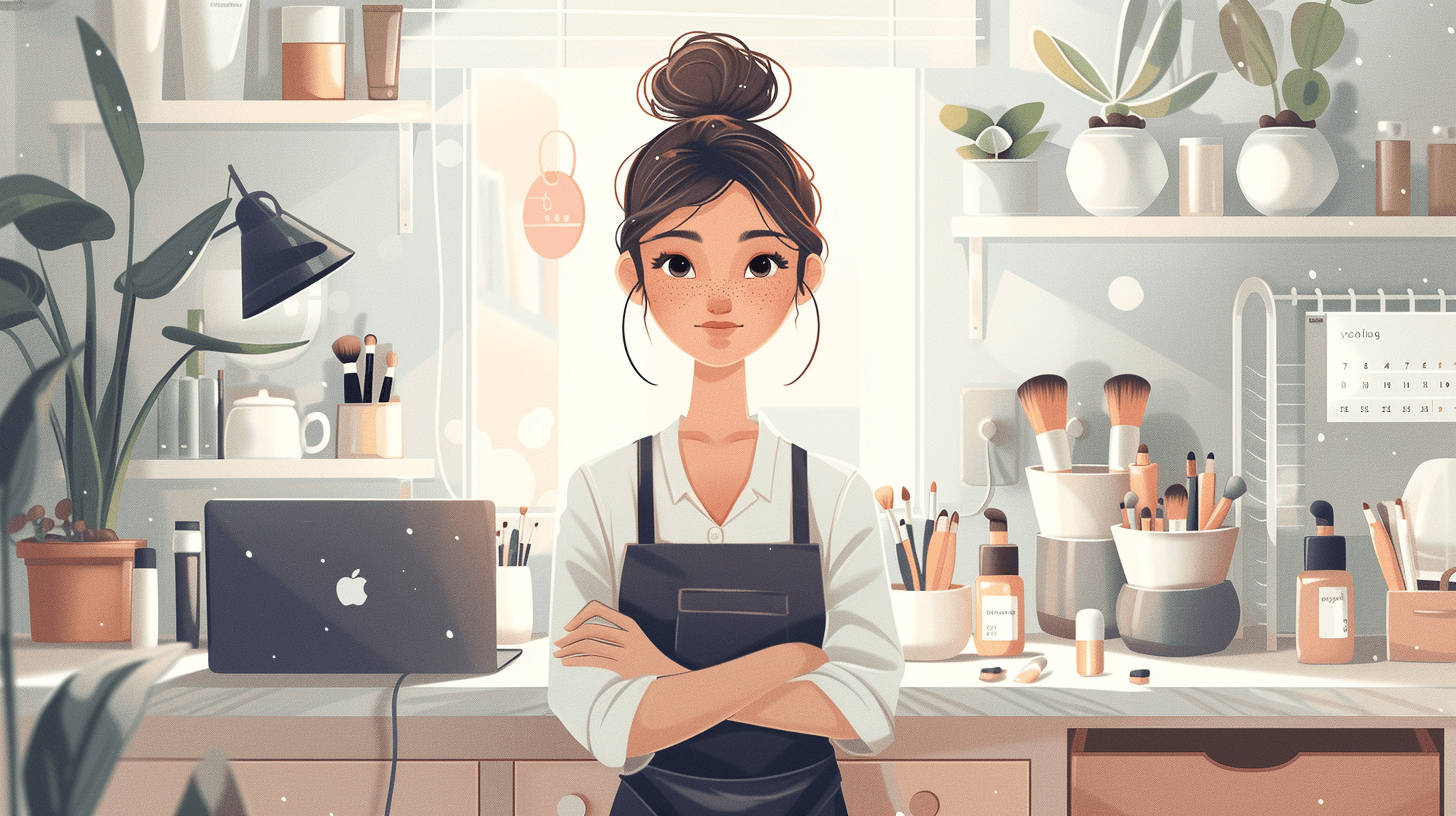 Cozy cartoon illustration of a beauty professional planning appointments at a home salon desk
